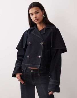 GINA TRICOT Gina Tricot cape short denim trench jacket in indigo rinse dark wash-Blue