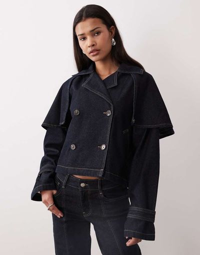 GINA TRICOT Gina Tricot cape short denim trench jacket in indigo rinse dark wash-Blue