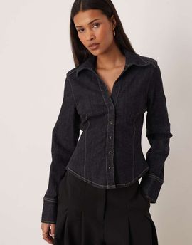 GINA TRICOT Gina Tricot cinched waist denim shirt in dark rinse blue-Navy