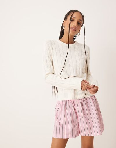GINA TRICOT Gina Tricot cotton blend knit sweater with crew neck in cream-White