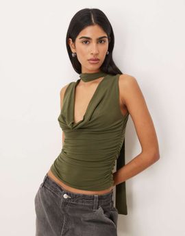 GINA TRICOT Gina Tricot cowl neck scarf top in olive green
