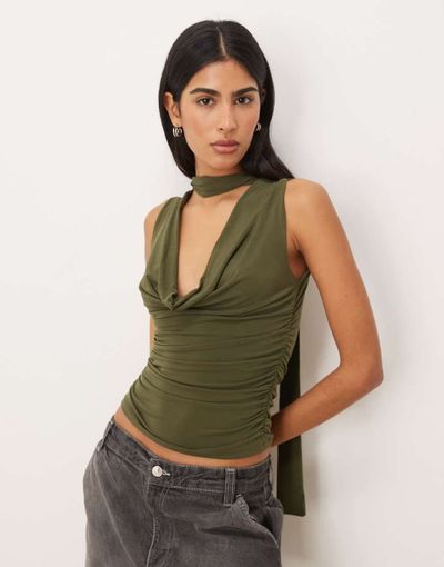 GINA TRICOT Gina Tricot cowl neck scarf top in olive green