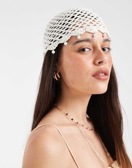 GINA TRICOT Gina Tricot crochet beanie with faux pearl trim in off-white