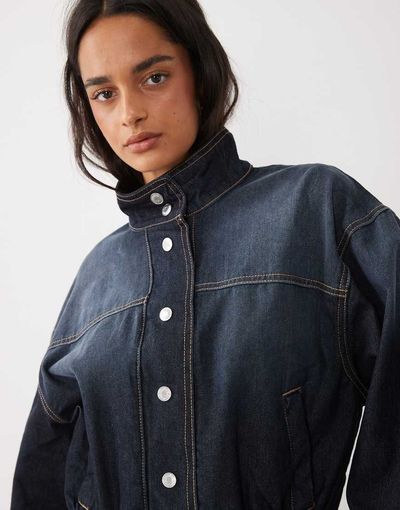 GINA TRICOT Gina Tricot dropped waist high neck denim jacket in darkwash indigo blue