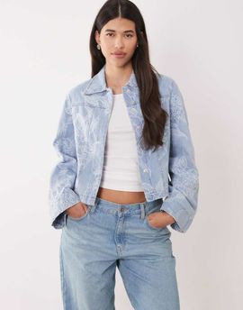 GINA TRICOT Gina Tricot embroidered denim shacket in light wash blue