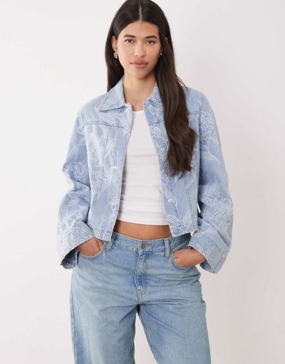 GINA TRICOT Gina Tricot embroidered denim shacket in light wash blue