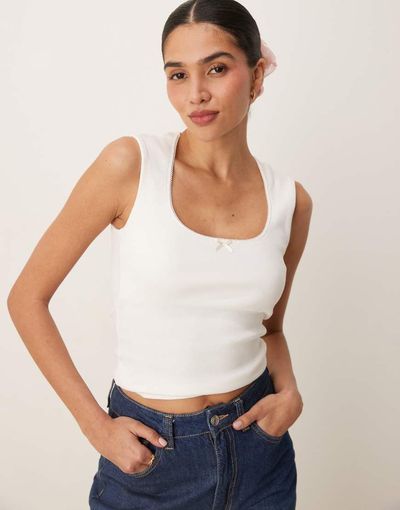 GINA TRICOT Gina Tricot embroidered edge cotton tank top in white