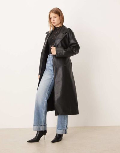 GINA TRICOT Gina Tricot faux leather belted midaxi coat in black