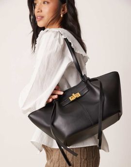 GINA TRICOT Gina Tricot faux leather small tote bag with strap and clutch with gold detail in black