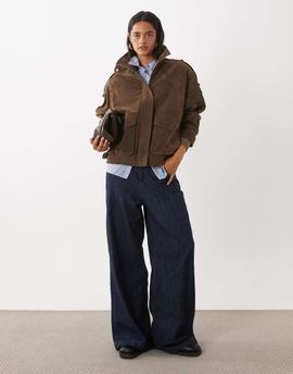 GINA TRICOT Gina Tricot faux suede high neck jacket in deep taupe brown