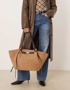 GINA TRICOT Gina Tricot faux suede medium tote bag with strap and clutch detail in brown multi
