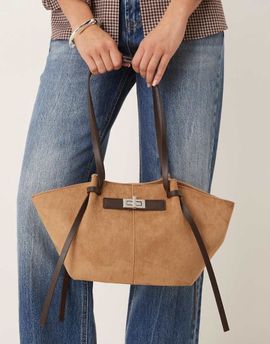 GINA TRICOT Gina Tricot faux suede small tote bag with strap and clutch detail in brown multi