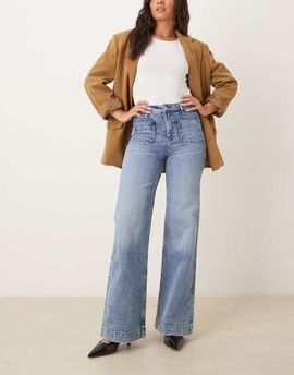GINA TRICOT Gina Tricot front pocket wide leg flare jeans in mid wash blue