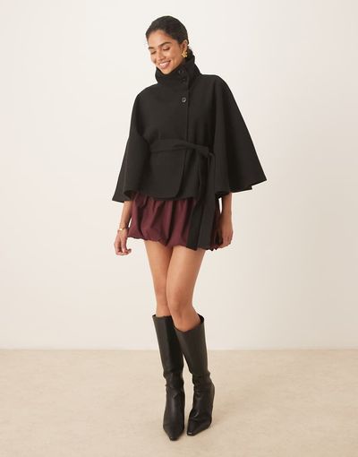 GINA TRICOT Gina Tricot funnel neck belted cape jacket in black