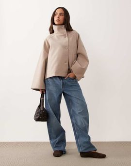 GINA TRICOT Gina Tricot funnel neck coat with adjustable waist in beige-Neutral