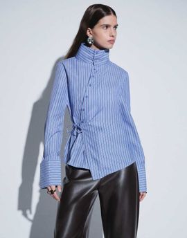 GINA TRICOT Gina Tricot funnel neck wrap shirt in blue pinstripe