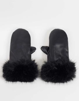 GINA TRICOT Gina tricot fur trim faux leather mittens in black