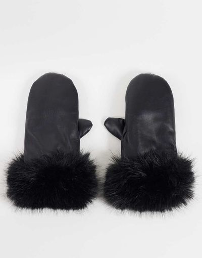 GINA TRICOT Gina tricot fur trim faux leather mittens in black