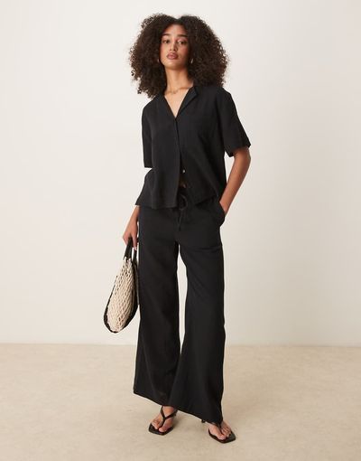 GINA TRICOT Gina Tricot gauze relaxed fit drawstring pants in black - part of a set