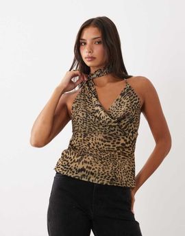 GINA TRICOT Gina Tricot halterneck scarf top in leopard print-Brown