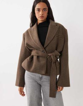 GINA TRICOT Gina Tricot herringbone short coat in deep taupe brown
