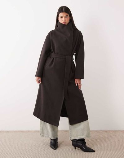 GINA TRICOT Gina Tricot high neck midi coat with wool in brown
