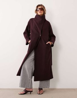 GINA TRICOT Gina Tricot high neck midi coat with wool in deep plum burgundy-PURPLE