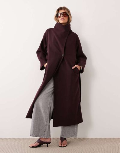 Gina Tricot High Neck Midi Coat With Wool In Deep Plum