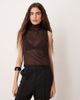 GINA TRICOT Gina Tricot high neck open tie back sheer scarf top in dark brown - 1