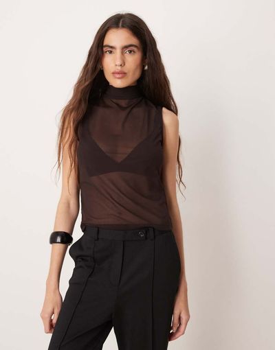GINA TRICOT Gina Tricot high neck open tie back sheer scarf top in dark brown