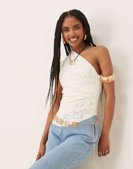 GINA TRICOT Gina Tricot jacquard short sleeve off shoulder top with asymmetric hem in white