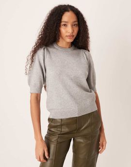 GINA TRICOT Gina Tricot knit short sleeve sweater with puff sleeves in gray melange