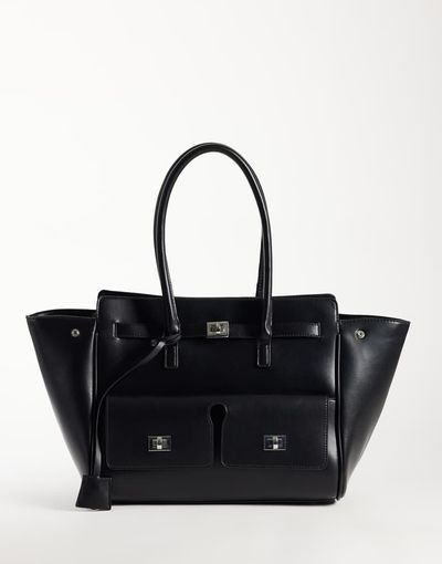 GINA TRICOT Gina Tricot large faux leather tote bag with utility details in black