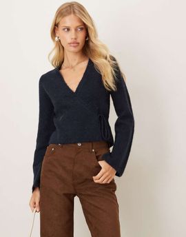GINA TRICOT Gina Tricot long sleeve knit wool alpaca wrap cardigan in navy blue