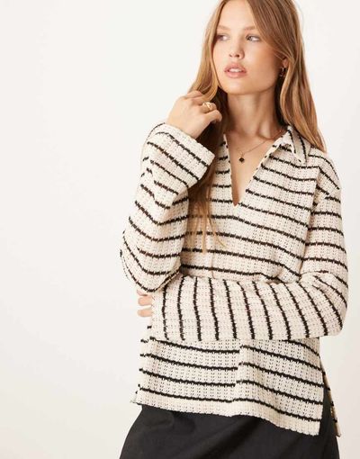 GINA TRICOT Gina Tricot long sleeve polo crochet relaxed top in light beige and black stripes - part of a set-Neutral