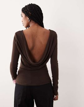 GINA TRICOT Gina Tricot long sleeve slim fit top with open drapey back in brown