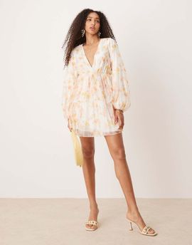 GINA TRICOT Gina Tricot long sleeve V-neck mini dress in watercolor multi print