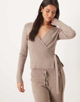 GINA TRICOT Gina Tricot long sleeve v neck fine knit wrap cardigan in beige melange-Brown