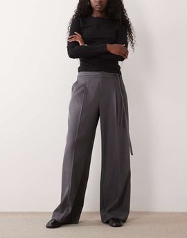 GINA TRICOT Gina Tricot mid waist tailored belted pants in dark gray