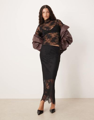 GINA TRICOT Gina Tricot midi skirt with lace insert in black