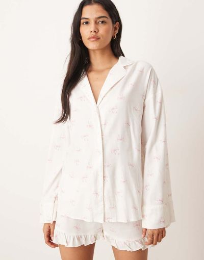 GINA TRICOT Gina Tricot mix and match flannel pajama long sleeve shirt in white with pink bows print