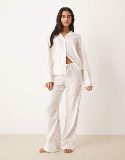 GINA TRICOT Gina Tricot mix and match flannel pajama pants in white with pink bows print