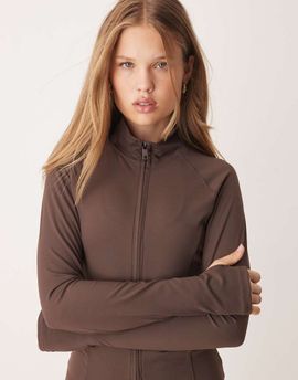 GINA TRICOT Gina Tricot mix and match yoga sports seamless zip up jacket in dark brown