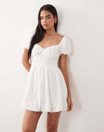GINA TRICOT Gina Tricot puff short sleeve flower embroidered mini dress in white
