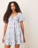 GINA TRICOT Gina Tricot puff sleeve tie front mini dress in blue floral - 4