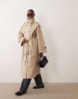 GINA TRICOT Gina Tricot rich cotton high neck trench coat in natural beige-Neutral