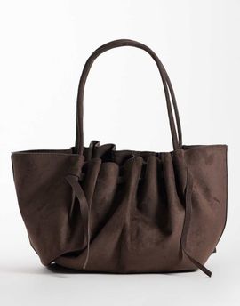 GINA TRICOT Gina Tricot ruched suede tote bag with long straps in chocolate brown