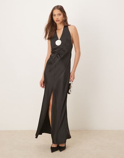 GINA TRICOT Gina Tricot satin halterneck maxi dress in black