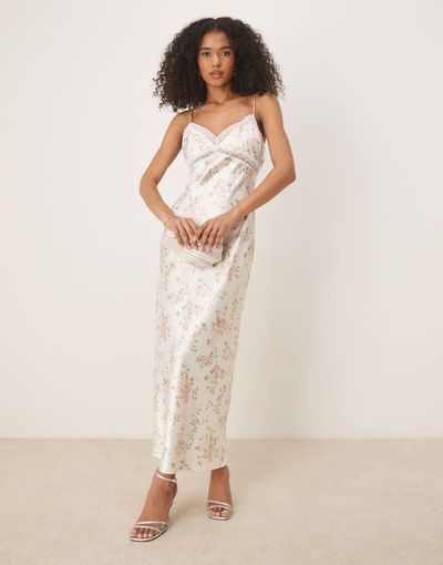 GINA TRICOT Gina Tricot satin maxi dress with lace trim in white floral