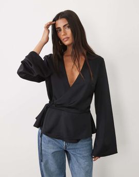 GINA TRICOT Gina Tricot satin wrap blouse in black